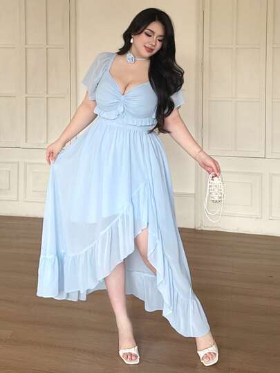 Vibekara Casual Elegant French Style Vacation Minimalist Chiffon Ruffle Halter Neck Asymmetric Hem High Slit A-Line Slimming Beach Cocktail Maxi Dress, Light Blue, Summer, Plus Size