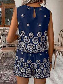 EMERY ROSE Đầm in họa tiết cổ tròn không tay chất liệu giả lanh dành cho nữ, thích hợp cho kỳ nghỉ. - Màu xanh hải quân - Xem 2