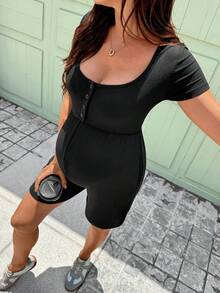 SHEIN Maternity Solid Color Button Half-Placket Short Sleeve Casual Jumpsuit - Black - View 5
