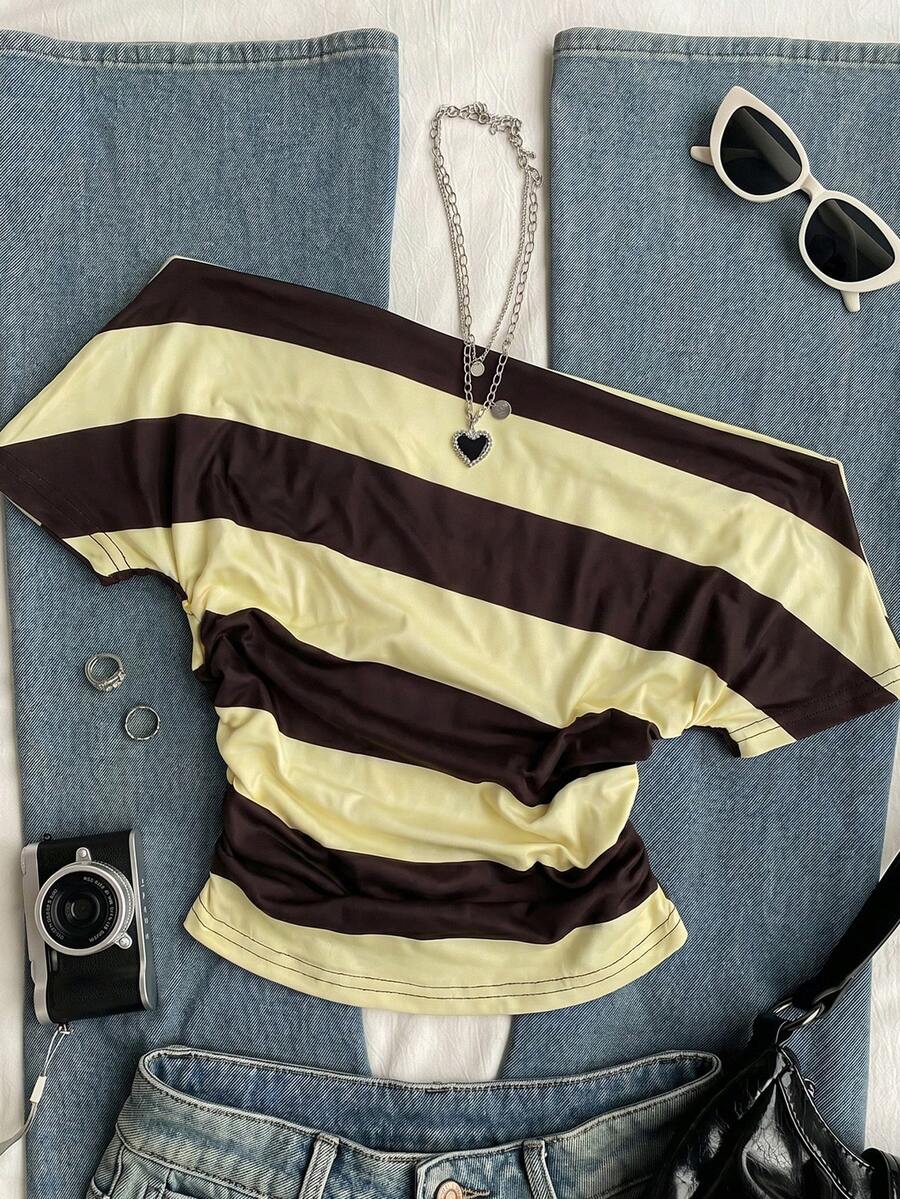 SHEIN EZwear 条纹针织露肩女式T恤 - 鵝黃色 - View 1