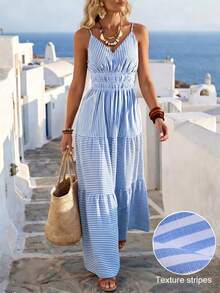 Weeklong Plus Size Women's Elegant Casual Vacation Daily Commute Minimalist Spaghetti Strap Waist Gathered A-Line Striped Patchwork Dress, Spring/Summer - Blue and White - View 5