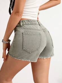 SHEIN EZwear 女士绿色休闲牛仔短裤，春夏款 - 軍綠色 - 查看 2