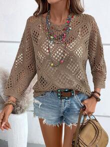 SHEIN Holidaya Áo len nữ màu trơn khoét lỗ, kiểu dáng thường ngày đa năng. - Màu nâu  Mocha - Xem 5