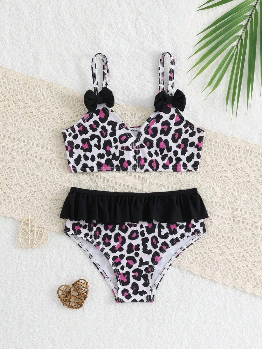 Young Girl Leopard Print Bow Decor Fashion Swimwear Set For Beach Vacation - Purple - View 1