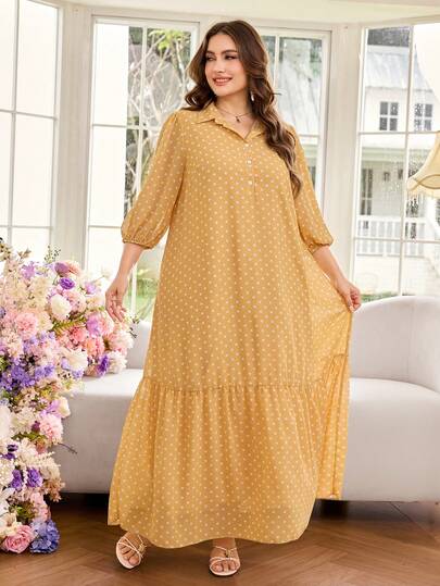 Al Najma Áo sơ mi chấm bi dáng rộng, cổ bẻ, tay lỡ 3/4, thích hợp cho mùa xuân/hè, cỡ lớn, kiểu dáng Ả Rập dành cho nữ.