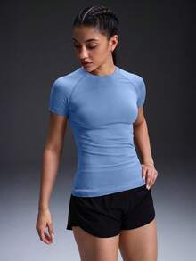 Powerista Solid Color Round Neck Slim Fit Athletic T-Shirt - Foggy Blue Gray - View 5