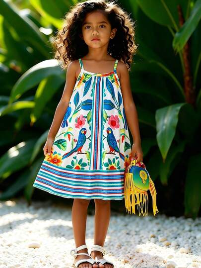 Girls (Small) Spring/Summer Casual Fashion New Dress, Woven Fabric Blue Tropical Rainforest Digital Print Sleeveless Spaghetti Strap Straight Dress, Soft Fabric, Suitable For Cute Young GirlCasual & Comfortable, Chic & Simple, Suitable For Daily School, Outing, Vacation, Party, Holiday Wear