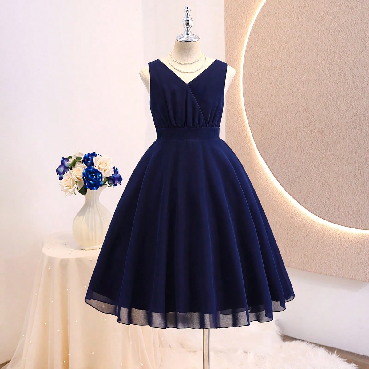 Vestido de gasa elegante para niñas, falda con parte delantera corta y parte trasera larga, vestido sin mangas con elegancia y gracia