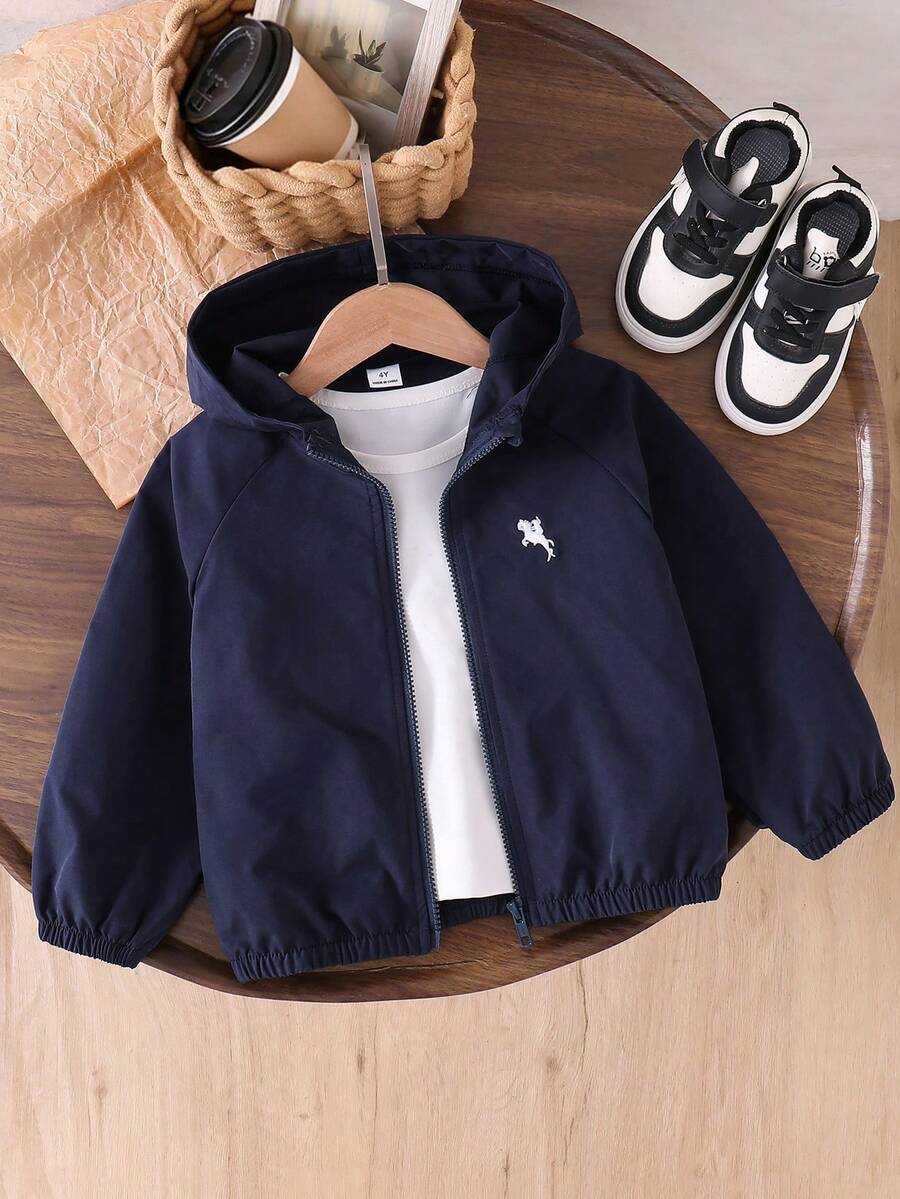 SHEIN Genkimix Kids 1件男童休闲简约街头风连帽长袖外套,时尚休闲设计,适合夏季穿着,适合4-7岁男孩日常、运动、户外活动、返校穿着。 - 藍色 - 查看 1