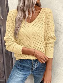 EMERY ROSE Women's Loose Casual Hollow Geometric Textured V-Neck Sweater - Yellow - View 6