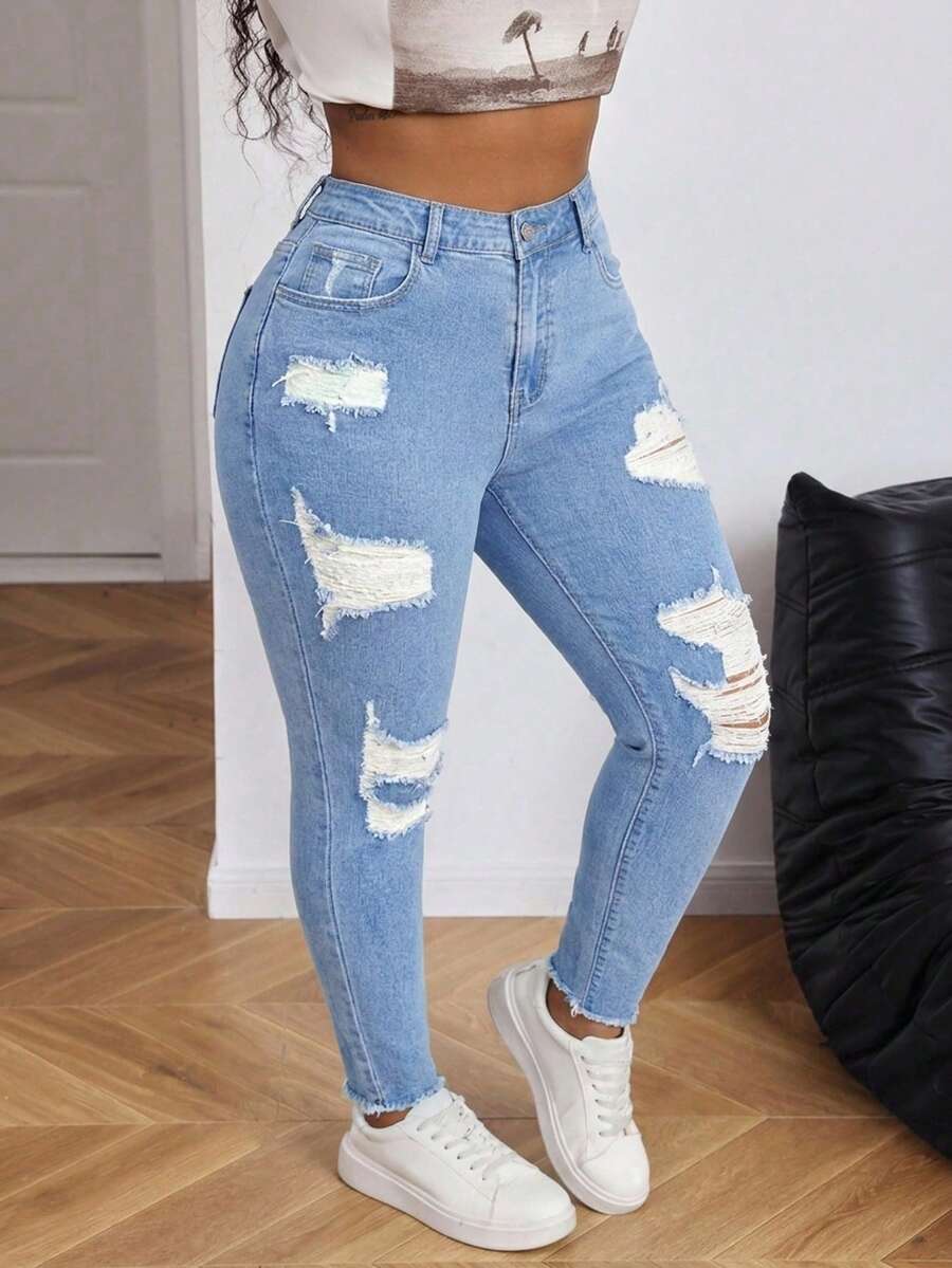 Firerie Plus Size Light Blue Ripped Skinny Stretch Jeans Formal Summer Casual - Light Wash - View 1