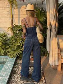 DAZY Women's Round Neck Sleeveless Jumpsuit, Casual Streetwear Washed Denim Jumpsuit Vacation Navy Blue Summer - Blue - View 3