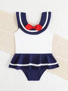 Baby Girl Contrast Color Bow Decor Cute One-Piece Swimsuit - Multicolor - View 5