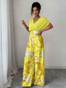 Elenzga Bộ jumpsuit dài in họa tiết, cổ chữ V, dáng rộng, xếp ly, eo, dành cho nữ. - Màu vàng ngỗng - Xem 6