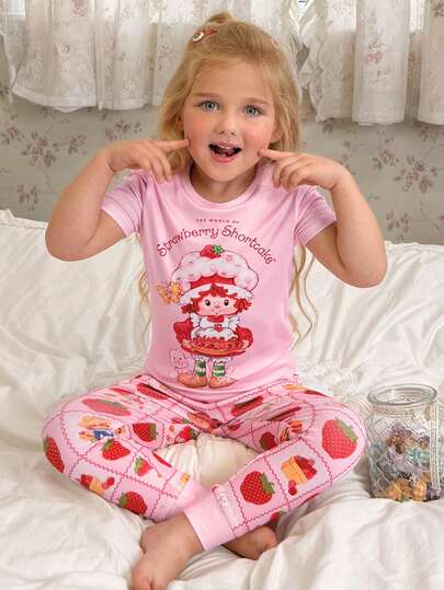 Strawberry Shortcake X SHEIN Young Girl Cute Cartoon Print Round Neck Short Sleeve T-Shirt And Pants Pajama Set, Summer