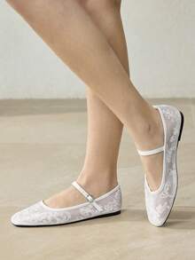 MOTF LADIES ELEGANT VERSATILE COMMUTER MESH FLORAL EMBROIDERED BUTTON FLATS FOR HOLIDAY WEAR - Mesh white - View 5