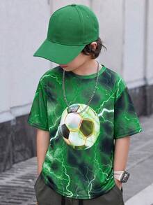SHEIN 儿童/青少年男童休闲时尚酷炫经典卡通足球闪电图案荧光印花短袖圆领T恤，适合夏季穿着 - 綠色 - 查看 2