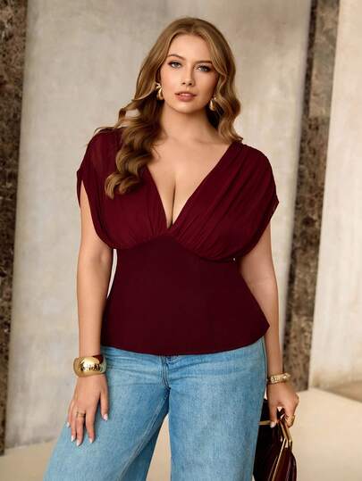 Roveilla Blusa ajustada de manga raglán con cuello en V, cintura ceñida, unicolor, para mujer talla grande, estilo francés romántico de Sicilia, elegante y casual, para ir a trabajar, vacaciones, tardes de té