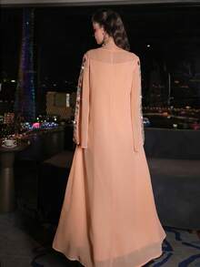 Layrah Đầm chiffon màu hồng sang trọng, thanh lịch, đính kết cầu kỳ, tay xòe, thích hợp cho mùa xuân/hè. - trái cam - Xem 2