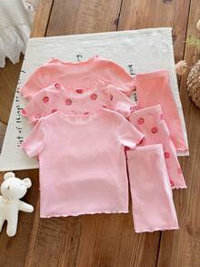 SHEIN LMoss Kids Piyama Rajut Lembut Lengan Pendek Leher Bulat Motif Kartun Lucu untuk Bayi Perempuan, 6 Potong, Musim Panas - Berwarna merah muda - View 2