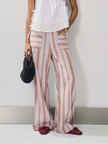 Nöista Pantalones de pierna ancha a rayas con bolsillos delanteros y presillas para cinturón, de talle medio y tela ligera para el verano. Perfectos para el verano, fiestas en la piscina, ropa de playa, atuendos de verano, festivales de música. - Multicolor - Ver 3