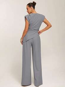 Silquee Blus Wanita Lengan Pendek Elegan dengan Potongan Asimetris dan Drape Warna Polos, Atasan Musim Panas - Grey - View 5