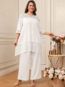 EMERY ROSE Plus Size Women Lace Patchwork Loose Suit. Elegant Casual, Commuting, Spring/Summer Party All White - White - View 6