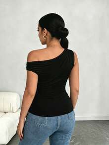 Elenzga Plus Size 2pcs/Set Asymmetric Collar Fitted T-Shirt, Versatile Casual Top, Spring/Summer - Multicolor - View 2