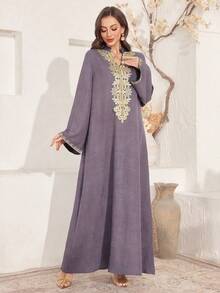Al Najma Gaun Kerah Tegak dengan Bordir Motif Bunga, Gaya Elegan - Dusty Purple - View 5