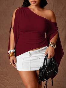 Rustia Plus Size Women Solid Color Oblique Shoulder Fitted Casual Top Fall - Red - View 4
