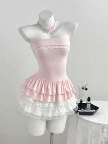 Flirla Top dulce sin tirantes con fruncido y línea A con ribete de encaje para mujeres, primavera/verano - Rosa - Ver 3