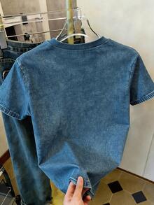 Resyla Áo thun ngắn tay nữ phong cách thường ngày, họa tiết chữ và denim, thích hợp mặc đi làm hàng ngày, mùa hè. - Nhiều màu - Xem 2