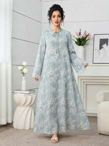 Al Najma Elegant Long Sleeve Lace Arabic Style Dress For Women - Blue - View 7
