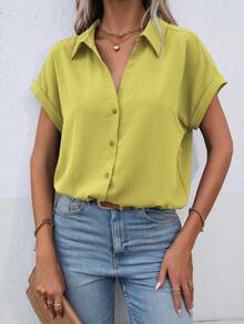 EMERY ROSE Women's Solid Color Single-Breasted Casual Versatile Daily Wear Shirt - Lime Green - View 7