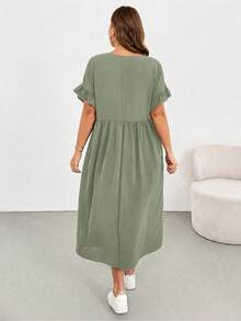 Shapeblank Plus-Size Women's Sage Green Summer Smart Casual Holiday Midi Dress,Ruffled Sleeves Pocket Loose Comfortable Everyday Basic Versatile Style - Mint Green - View 2