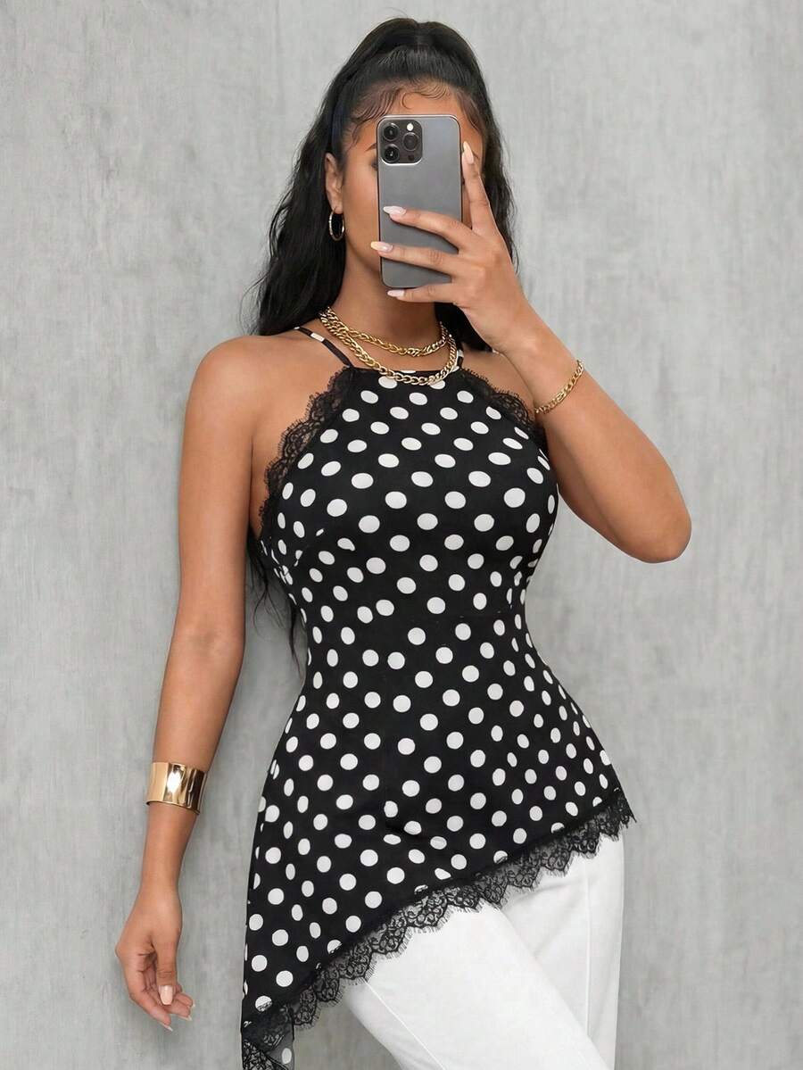 Eryvara Elegant Casual Polka Dot Halter Neck Camisole, Summer New Arrival - Black - View 1
