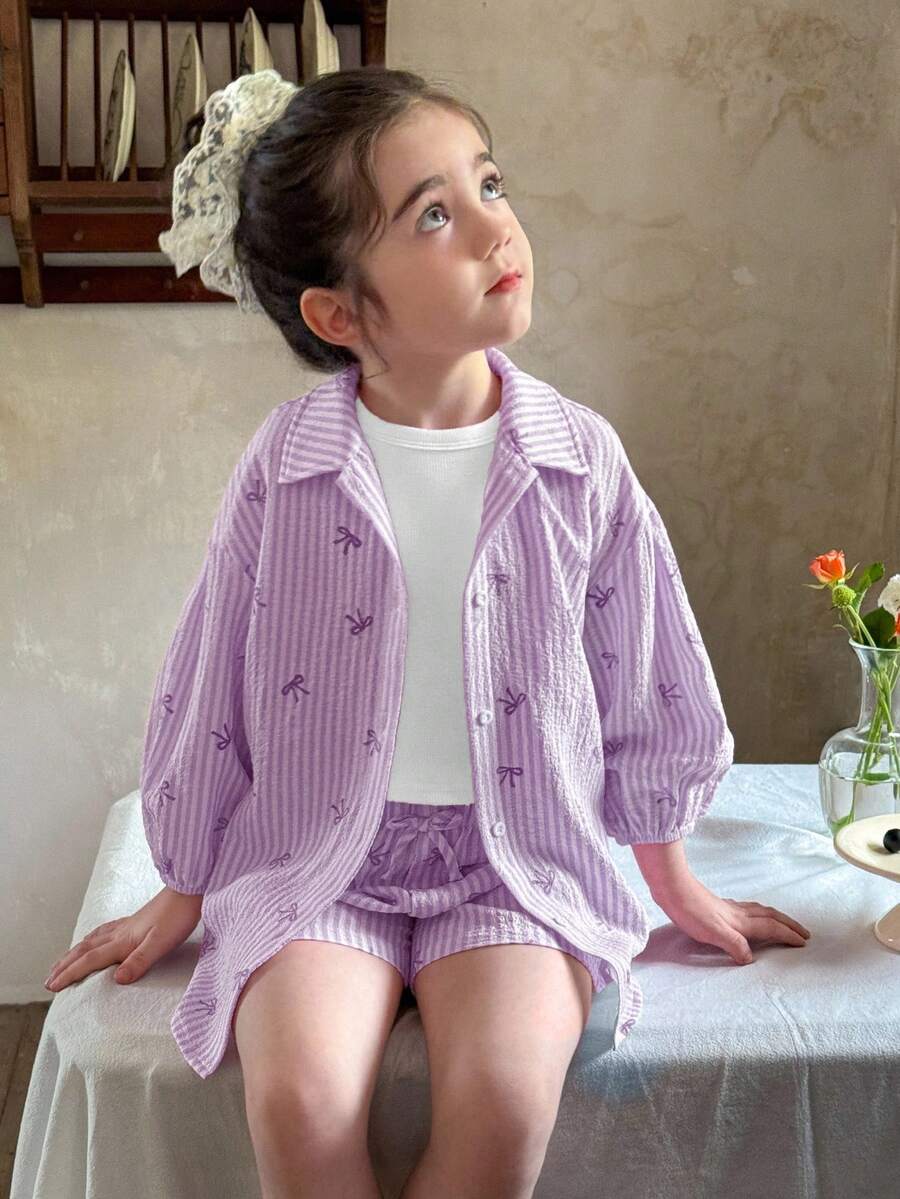 LMoss Kids Set 3 potong Baju Kasual Bergaris Tenun untuk Anak Perempuan, terdiri dari Kemeja, Kamisol, dan Celana Pendek - Purple - View 1