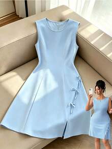 Elenzga Vestido azul elegante y exquisito de talla grande con decoración de lazo para primavera, verano y otoño, ideal para uso diario, vacaciones y ocasiones casuales - Azul - Ver 1