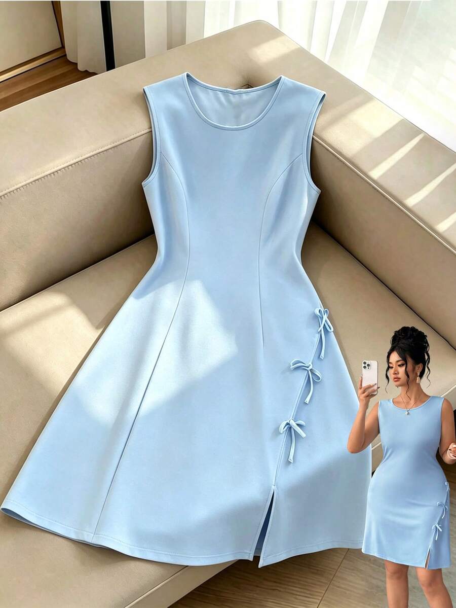 Elenzga Vestido azul elegante y exquisito de talla grande con decoración de lazo para primavera, verano y otoño, ideal para uso diario, vacaciones y ocasiones casuales - Azul - Ver 1