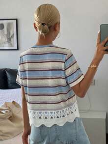 Blusa de verano casual de mujer de unicolor, cuello redondo ajustado, manga corta con aplicación de encaje - Azul - Ver 5