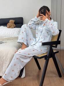 Napfluff Bộ đồ ngủ nữ gồm áo khoác cardigan cổ bẻ in hình gấu hoạt hình dễ thương và bộ đồ ngủ có ve áo. - Xanh da trời - Xem 4