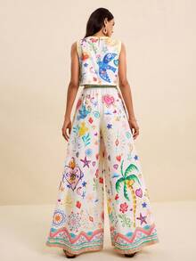 LOTSLUV Women's White Summer Boho Holiday Vacation Holiday Coconut Tree Bird Print Round Neck Sleeveless Cropped Top & Wide Leg Pants 2-Piece Set - Multicolor - View 2