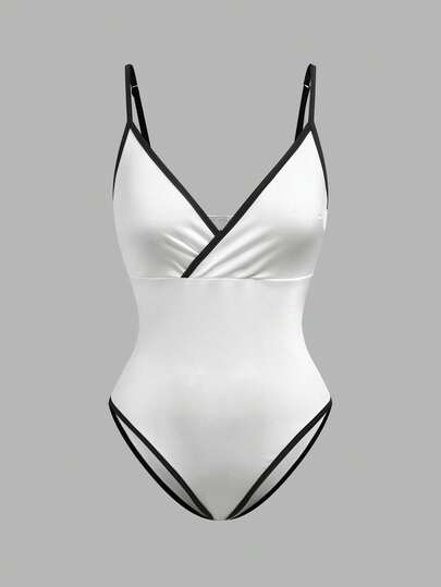 SHEIN Franclia Body de mujer de moda versátil con rayas y volantes en contraste de color