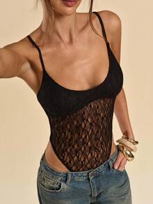 SHEIN BAE Body de encaje negro transparente y sexy para mujer - Negro - Ver 6
