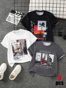 SHEIN 3件套儿童/青少年男孩休闲椰树图案圆领T恤套装，买二送一，黑/白/灰三色可选，Y2K风格，适合春夏、郊游、情人节、约会、旅行、度假、家庭聚会、返校、婚礼、派对、运动、生日等场合。 - 彩色 - 查看 3