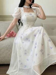 Feyla Women's Floral Print Pleated Elegant Waist Midi Dress, Suitable For Party And Outings - Multicolor - View 1