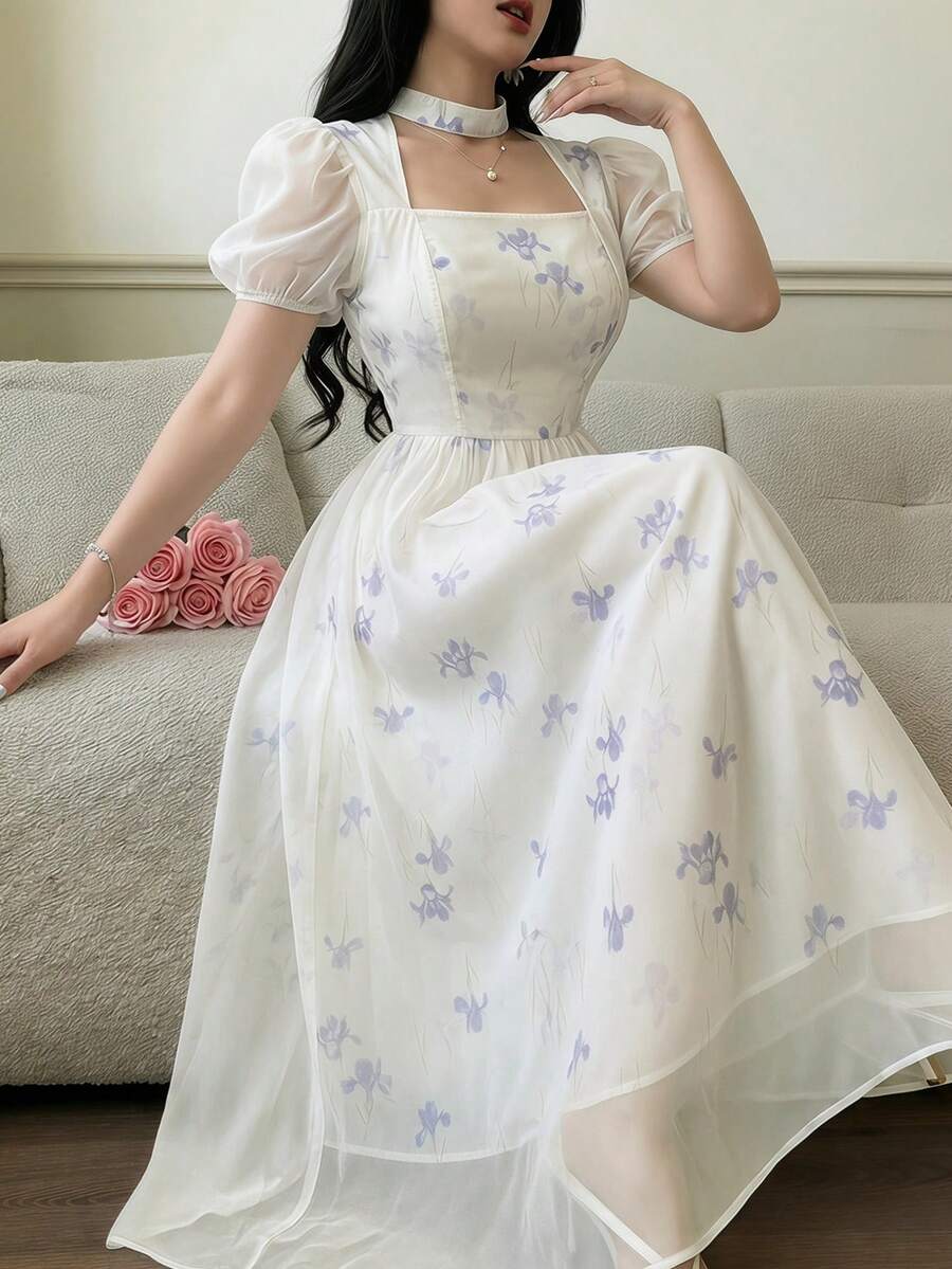 Feyla Women's Floral Print Pleated Elegant Waist Midi Dress, Suitable For Party And Outings - Multicolor - View 1