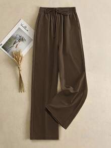 SHEIN PariChic Women's Casual Linen-Like Texture Straight Leg Pants, Spring/Summer - Brown - View 3