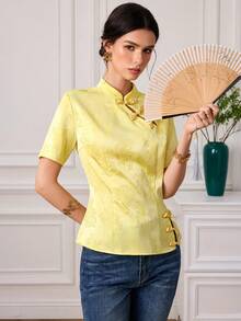 EastFlair Áo sườn xám kiểu Trung Quốc mới, áo kiểu tay ngắn màu trơn thanh lịch cho mùa hè, trang phục mùa hè cho nữ, trang phục mùa xuân cho nữ, ngày lễ tình nhân, ngày lễ Thánh Patrick, lễ Phục sinh, trang phục đi biển cho nữ, trang phục đi chơi, áo mùa hè, lễ Phục sinh, ngày lễ Thánh Patrick, áo kiểu thường ngày cho nữ, áo trắng. - Vàng nhạt - Xem 6