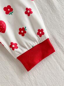 SHEIN Playful Pals 6件套新生女婴信封领圆领短袖草莓毛巾刺绣连体衣+松紧腰草莓印花裤+帽子手套围兜休闲舒适柔软套装，适合夏季外出 - 紅白色 - 查看 6